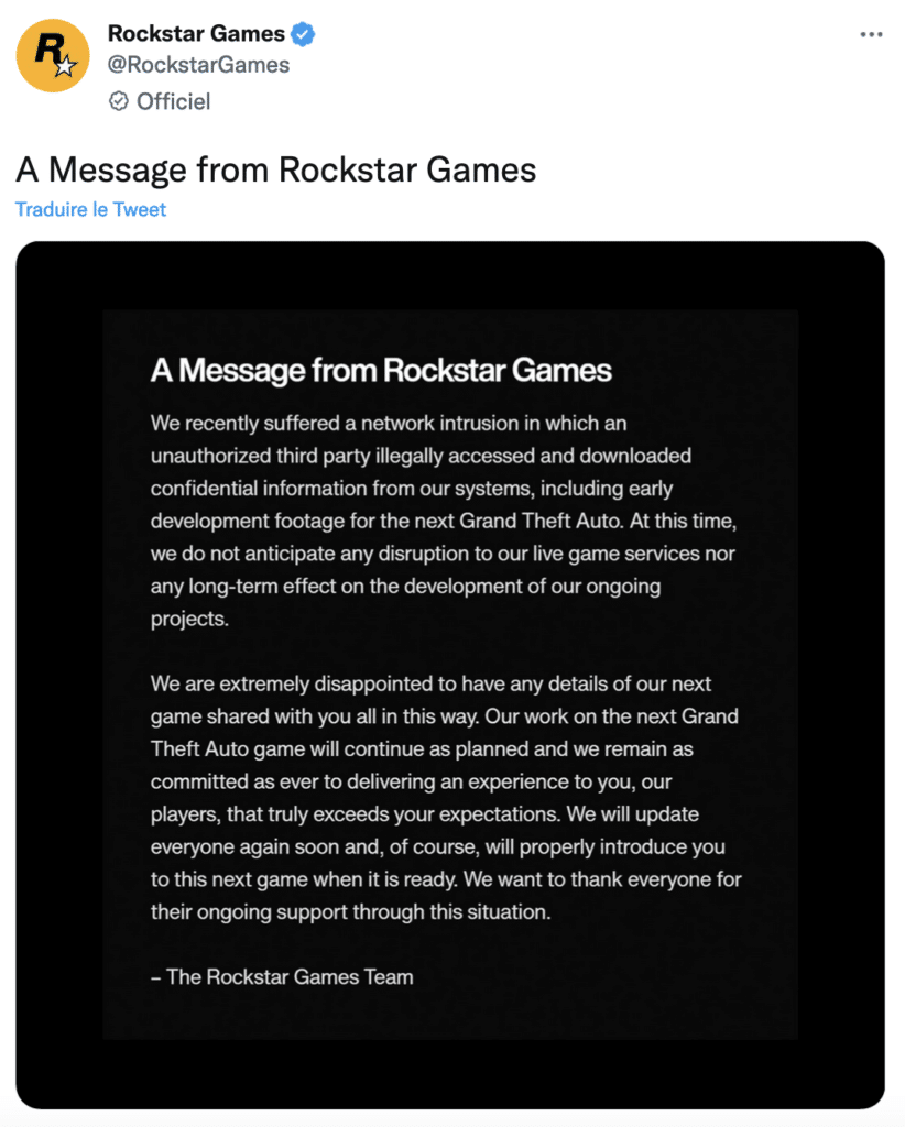 Capture d'écran et lien vers le tweet de Rockstar Game, annonçant le leak de GTA 6.