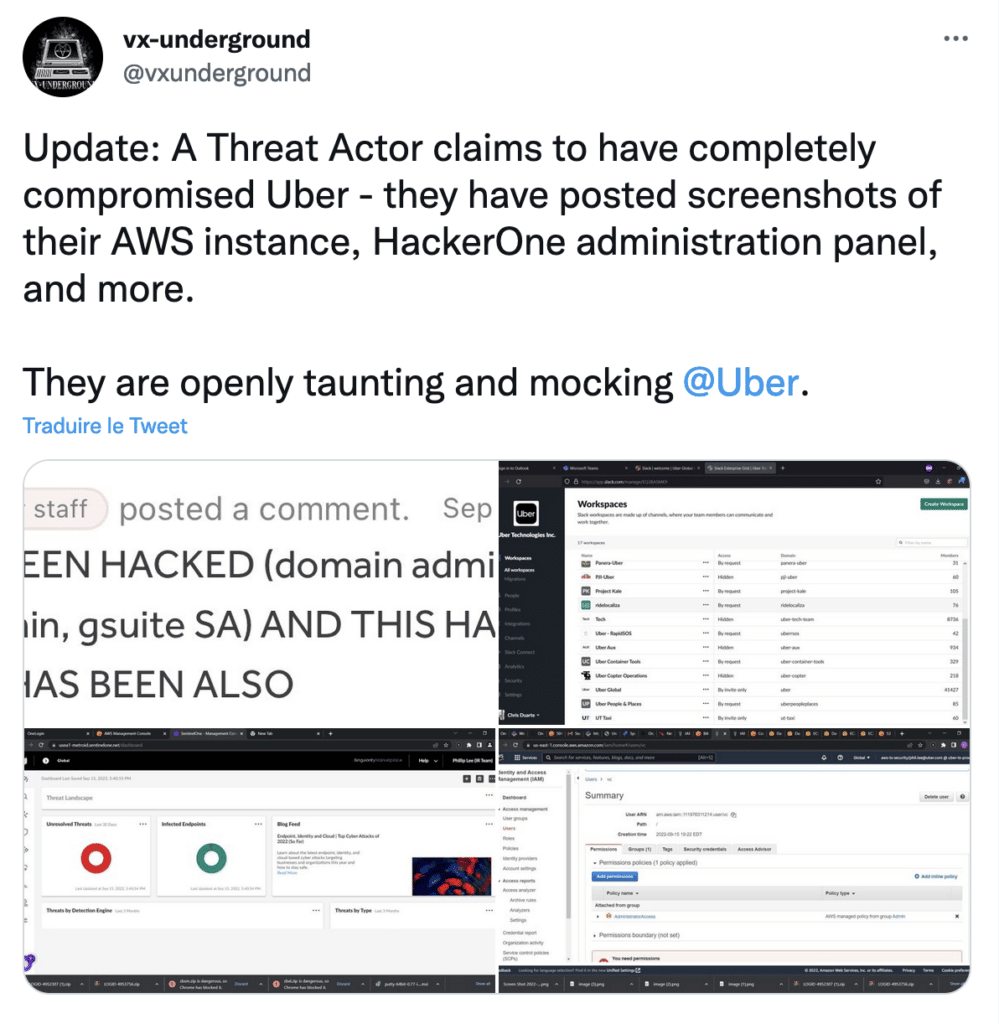 Capture d'écran et lien vers un tweet illustrant le hack d'Uber.