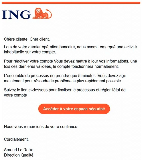 Capture d'écran d'un mail de phishing aux couleurs d'ING.